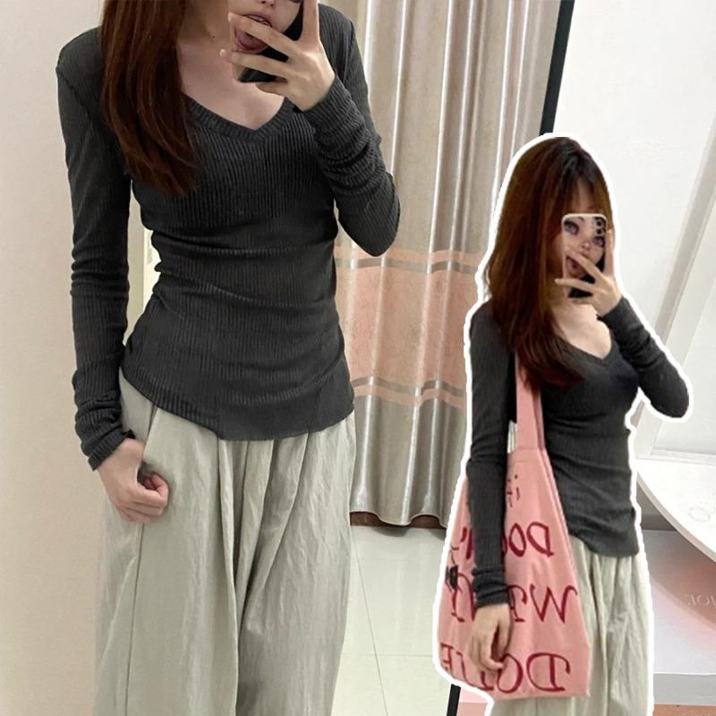 Light and ripe wind collar Thin slightly transparent long-sleeved women's spring and summer slim-fit sunscreen blouse Spice girl knitted top