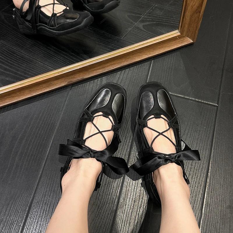 Ballet Sle Square Head Mary Jane Oes Women's Increased Height Sweet Sister Ribbon Knot Casual