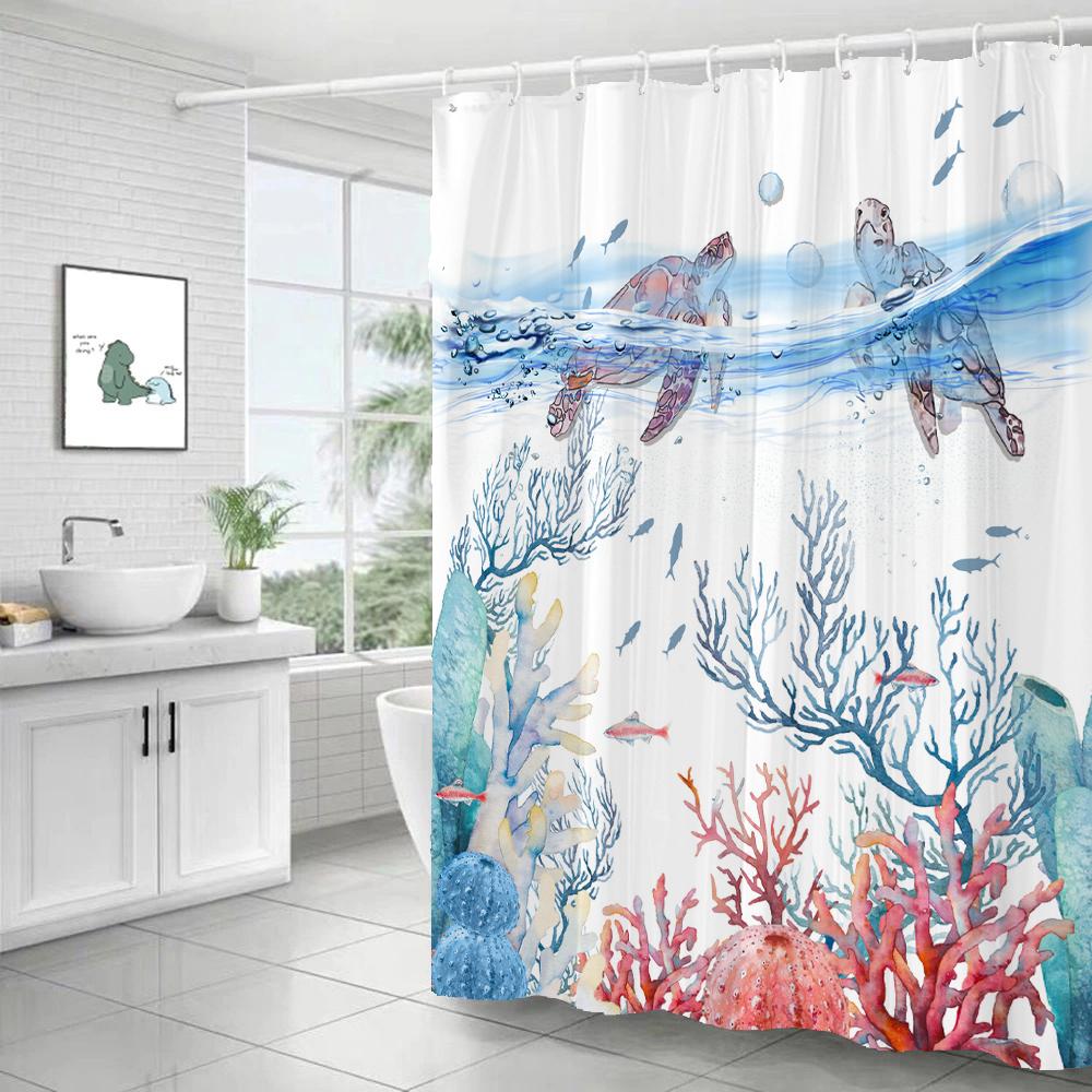 Dolphin Shower Curtain Blue Underwater World Marine Life Polyester Fabric Kids Ocean Theme Bathroom Curtain Decor with Hooks
