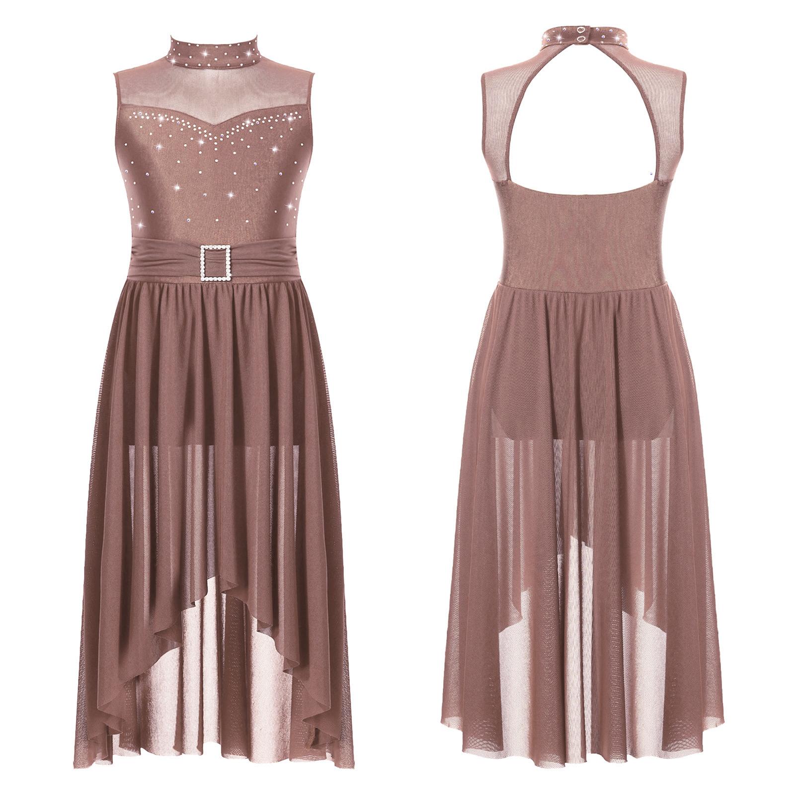 

Сукня для ліричного танцю з стразами для дівчаток, без рукавів, з відкритою спиною, з високим низом, з вбудованими трусиками, танцювальний купальник для дітей 5-6 Years коричневий