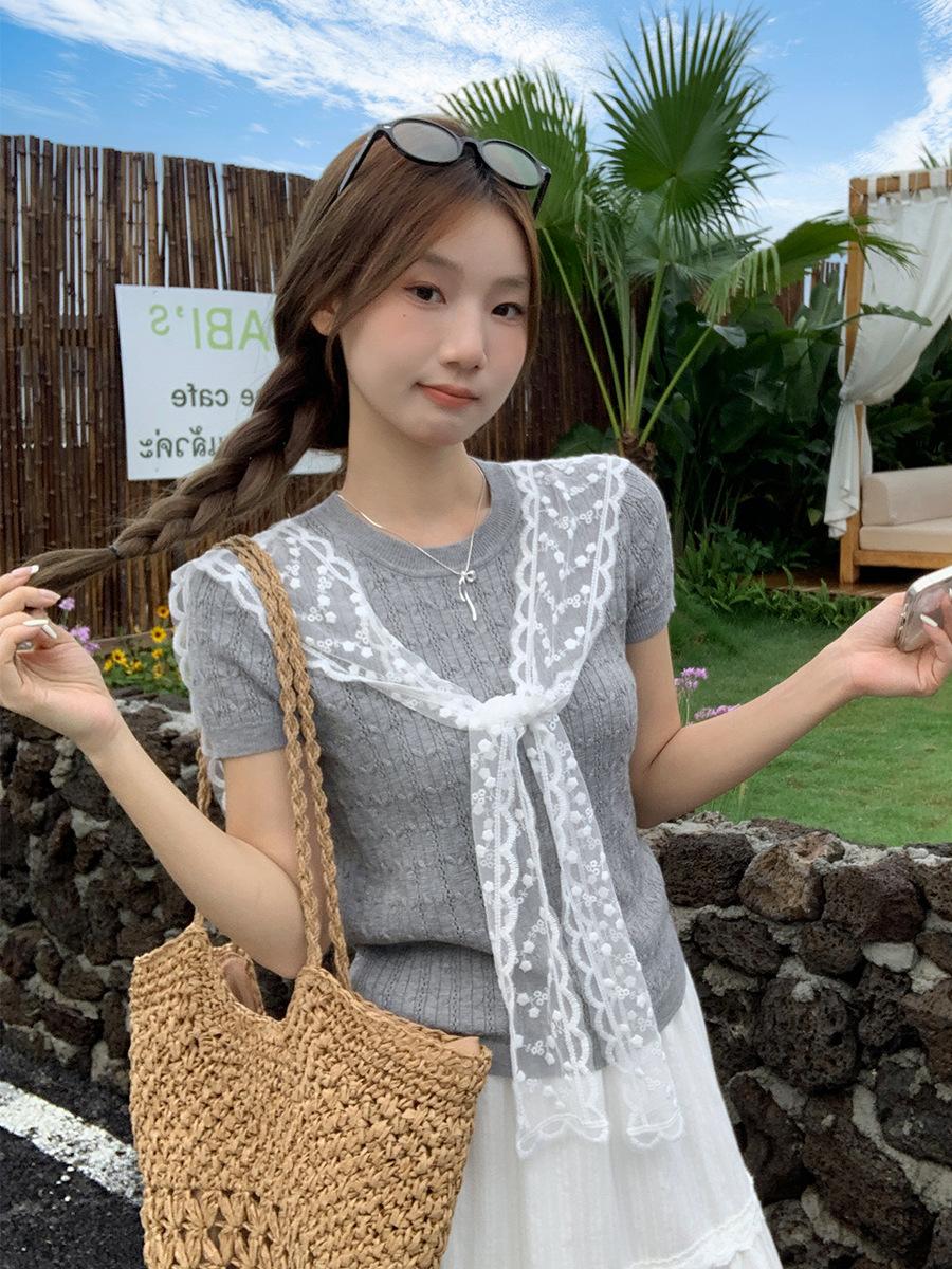 

Summer ootd wear fake two-piece lace shawl crew neck knitted short-sleeved T-shirt women s new sweet casual top One size fits all