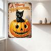 Vintage Halloween Poster A Merry Halloween Kitten in Carved Pumpkin Tin Sign Retro Spooky Cute Metal Wall Decor for Home Bar Pub