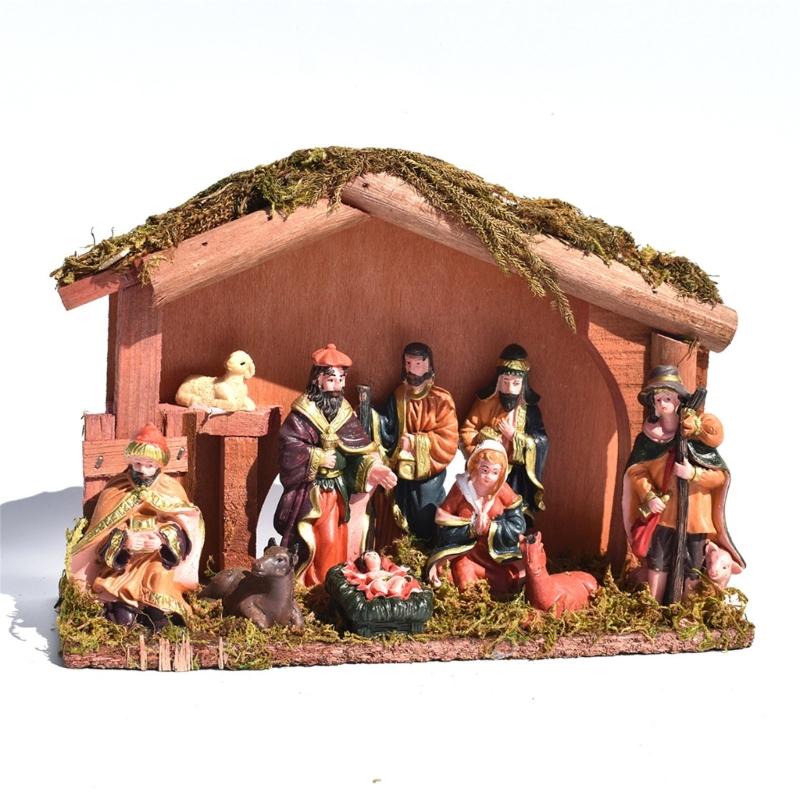 Permanent Religious Birth Manger Display With Oaken Stable And Rosin Figures