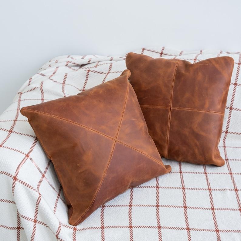 (Pack of 2) Leather Cushion Cover, Handmade Cushion Cover, Handmade Pillow Cover, Leather Pillow Cover, Brown Leather Pillow, Cognac Pillow Cover