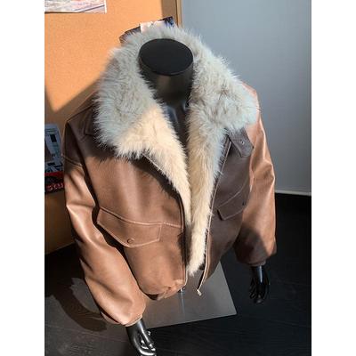 Retro Unisex Winter Warm PU Leather Jacket with Fur Collar and Patchwork Design