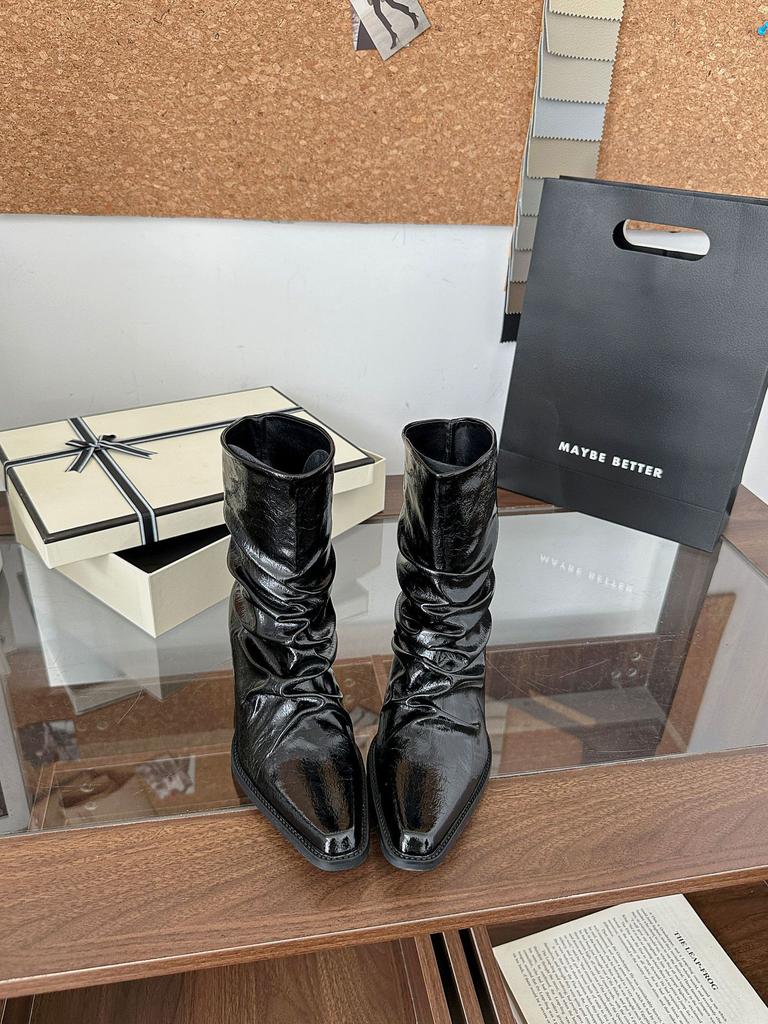 Retro fashion cowboy boots women's 2025 spring and autumn new pointed thick heel pleated pile short Martin boots knight boots