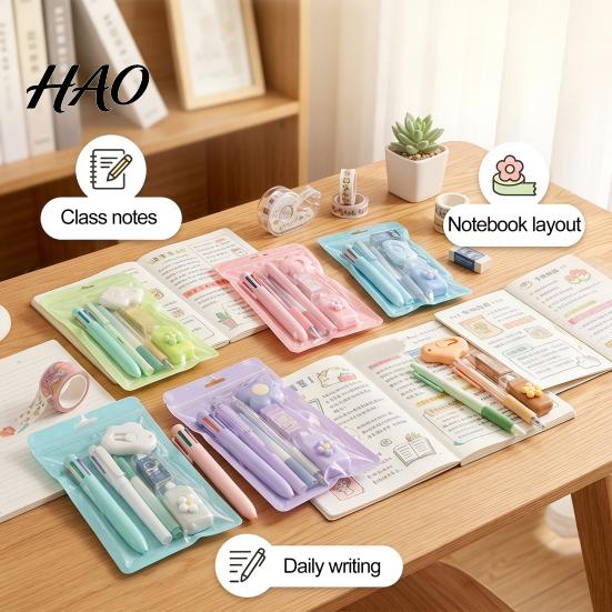 Portable Storage Stationery Case 7PCS Set, Macaron Color Gel Pens/Correction Tape/Cutter/Eraser Include, Learning Supplies Office Records with