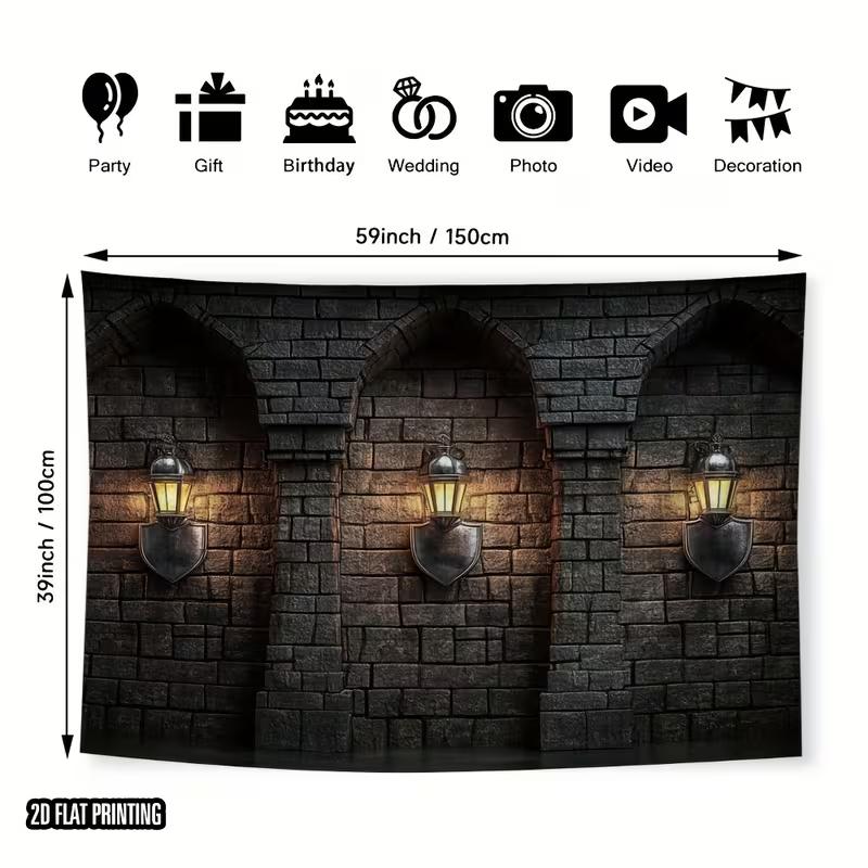 Halloween Castle Backdrop - Medieval Stone Wall Lanterns Photography Prop