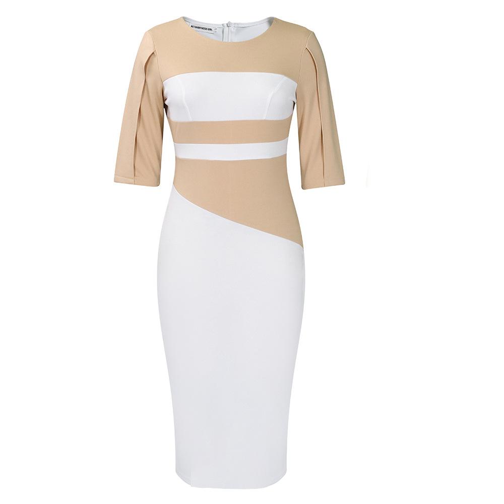 Large Size Women Spring Autumn Fashion Patchwork Dress Ladies One Piece Medium Sleeves Slit Sheath Dress