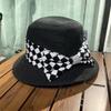 Rhinestone checkerboard bow sun straw hat women's summer straw shading hat seaside beach bucket hat basin hat