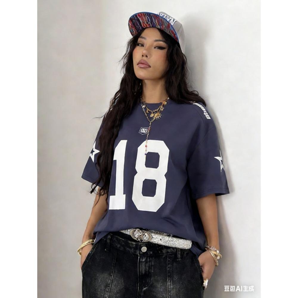 Summer retro blue printed women's round neck short sleeved sports football shirt Y2K loose oversized top