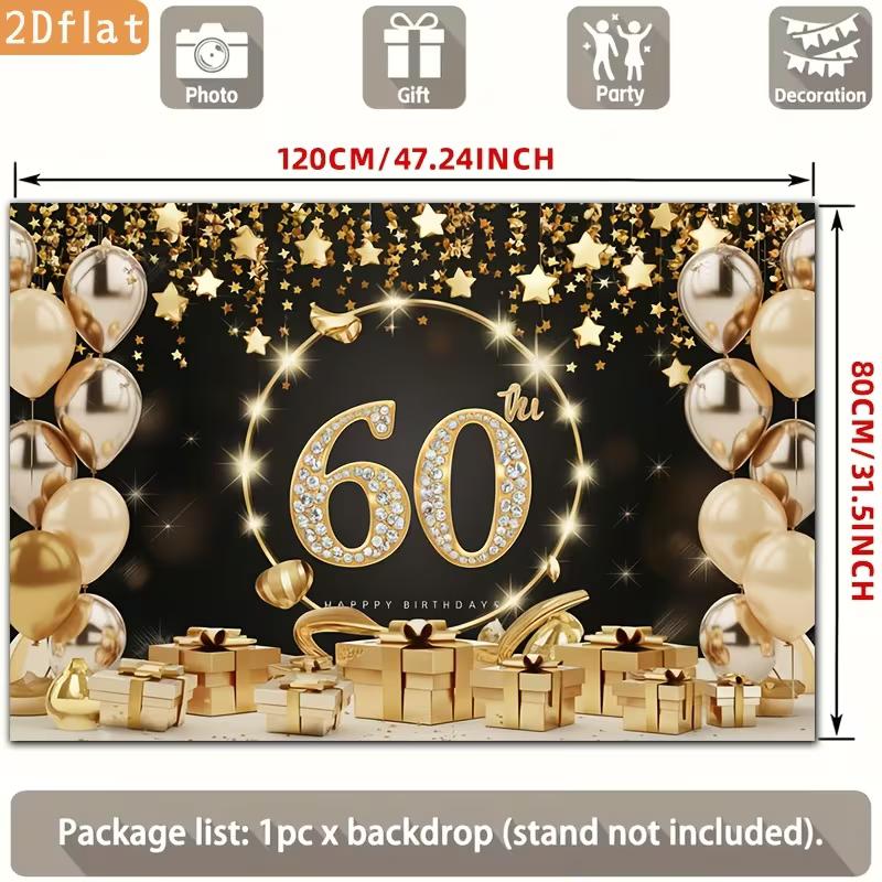 2D Black Gold 60 Birthday Backdrop Star Confetti & Balloon Decor Background Banner