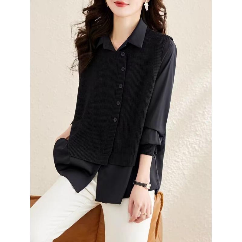 

Рубашка из двух частей для женской осенней одежды, новая свободная повседневная рубашка, куртка, модный вязаный жилет, топ с длинными рукавами 2XL