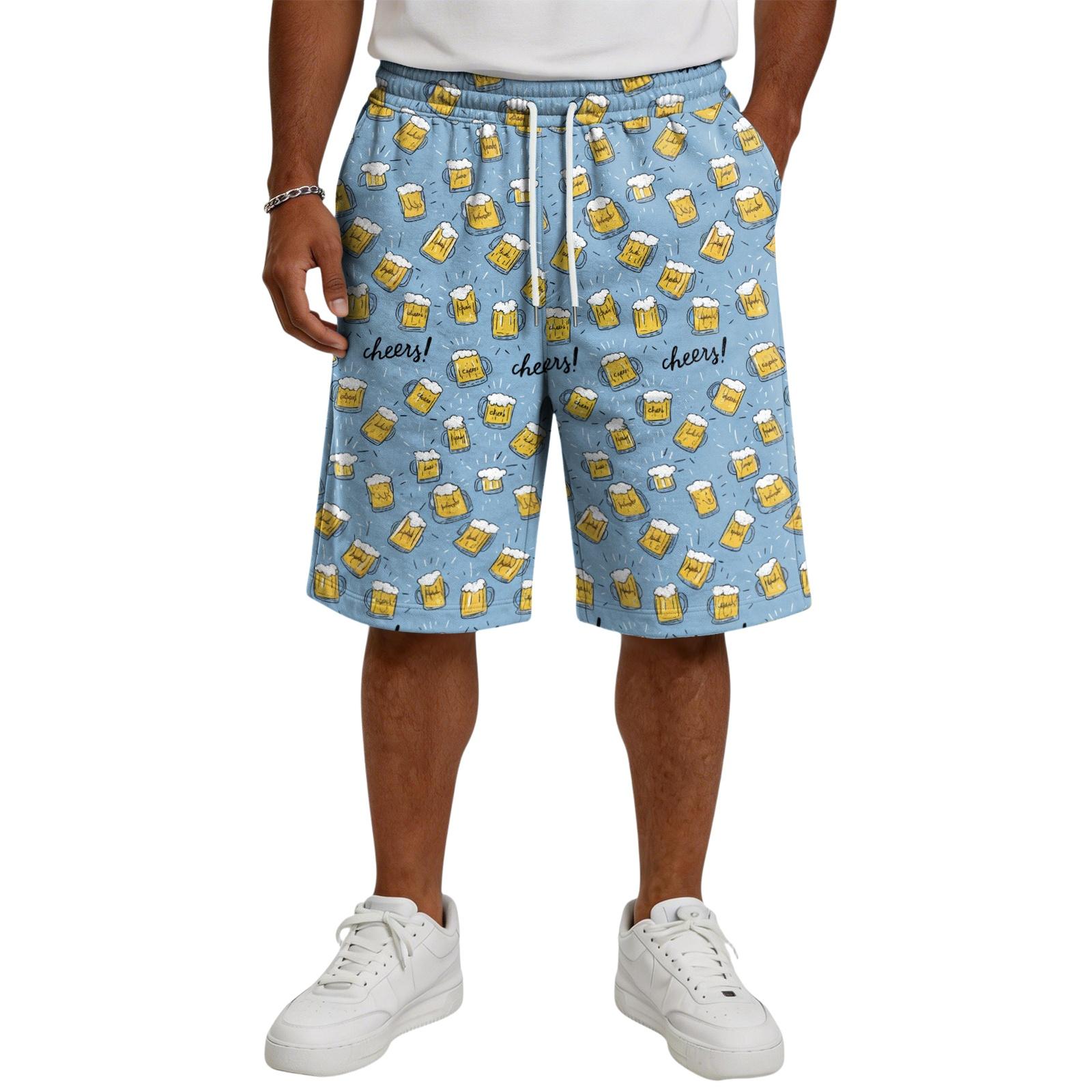 Men’s Casual Drawstring Shorts with Festival Print Relaxed Fit Knee Length Soft Fabric Comfortable Waistband M синий