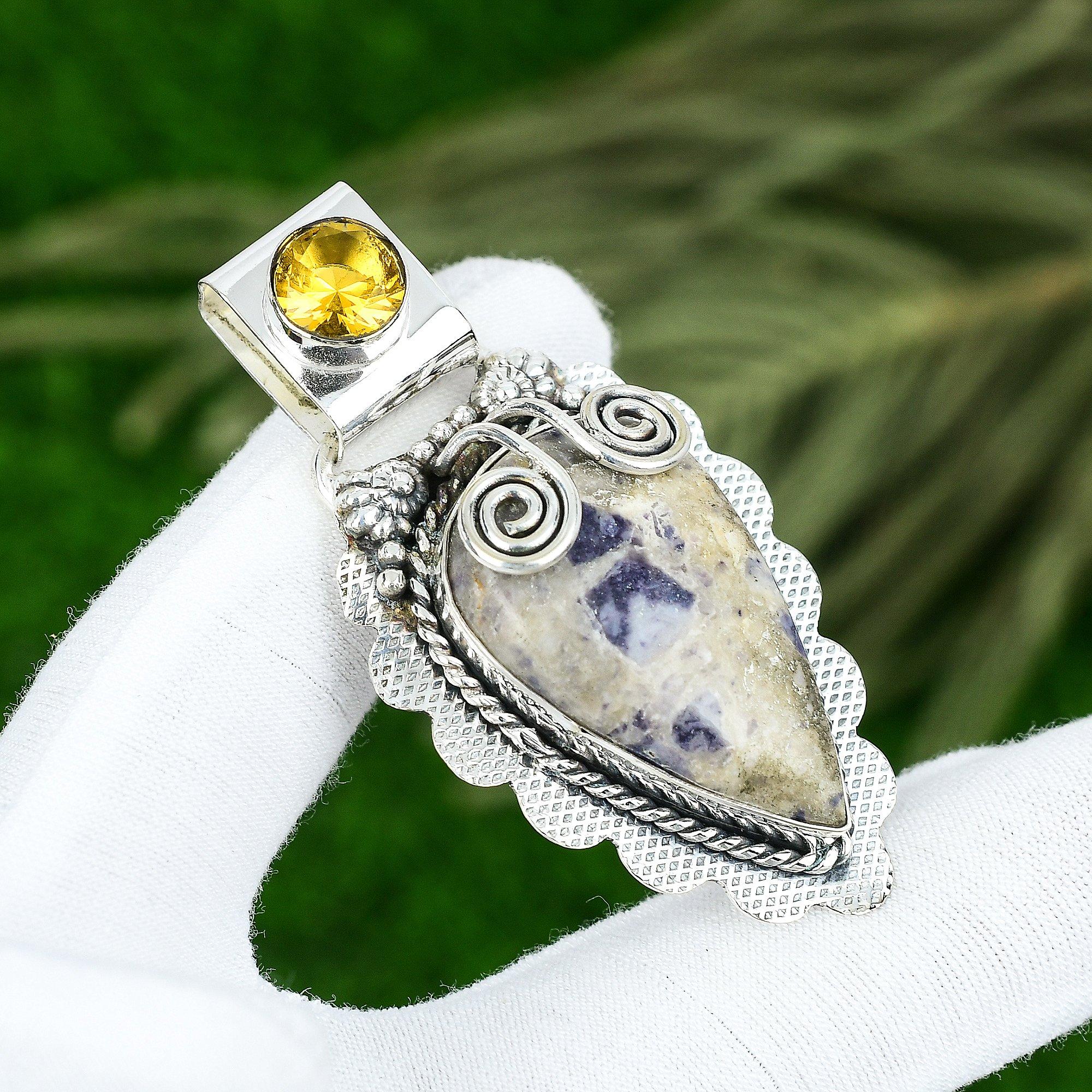 

925 Sterling Silver Natural Tiffany Jasper Citrine Ethnic Anniversary Pendant