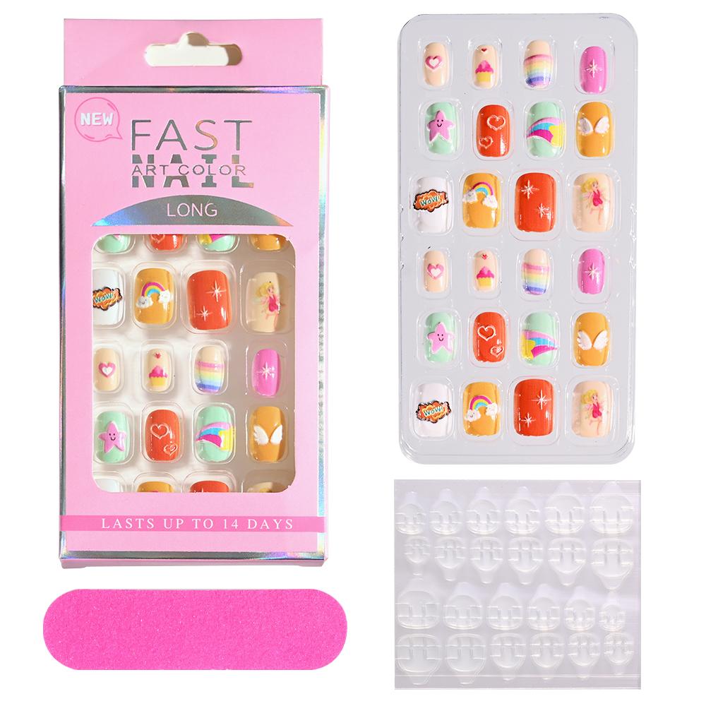 24pcs/box Candy Kids False Nail Cartoon Full Cover Press On Fake Nails Tips Kawaii Acrylic Artificial Fingernails for Girls