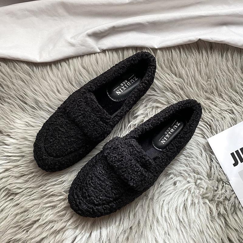 Women's Thick-Soled Furry Loafers, Autumn & Winter Lamb's Wool Bean Shoes, Plus Velvet Cotton, Sizes 41-43 Available