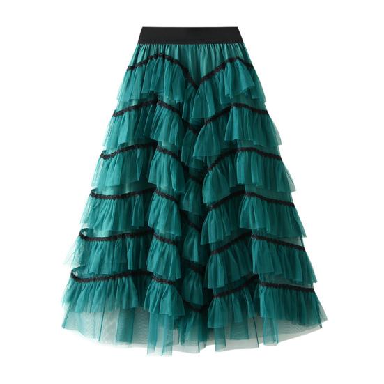 Women Skirt High Waist A-line Big Swing Ruffle Contrast Color Scattered Hem Pleated Patchwork Princess Style Elastic Waist Ankle Length Maxi Skirt