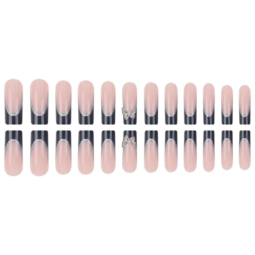 Long Wearable French Style Nail Tips with Butterfly Rhinestones, Detachable, 24-Piece Set.