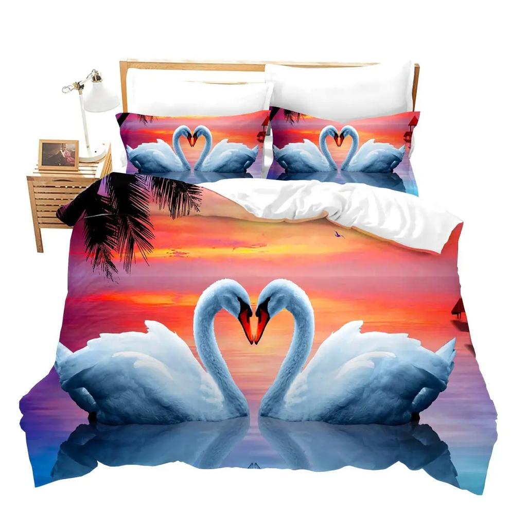 Husă de Plapumă Lebădă Set de Lenjerie de Pat Romantic cu Flori Roz Microfibră Animale de Vis Husă de Plapumă Decor Cameră Mărime Twin King Set 3 Piese