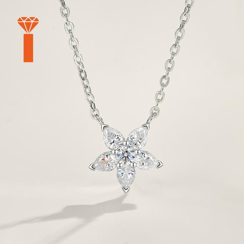 Hot Selling S925 Sterling Silver Floral Moissanite Necklace Rhodium Plated Pear Cut Adjustable Extension Chain Jewelry Necklace