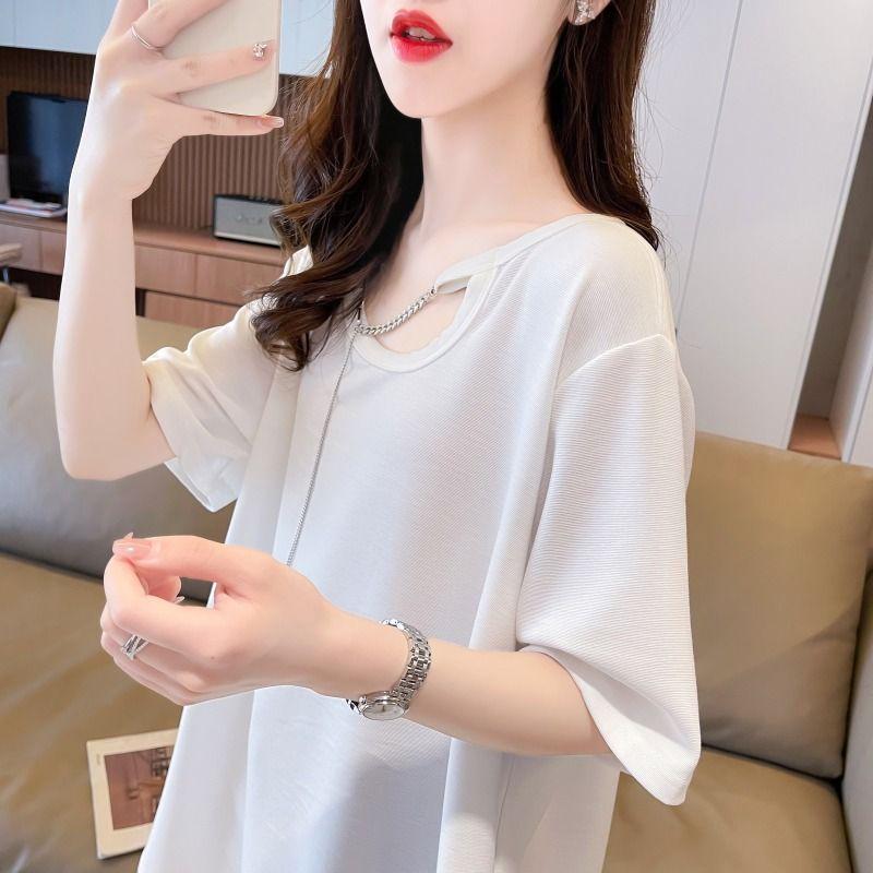 Front Shoulder T-shirt for Women Short-sleeved Korean Style Loose Slim U-neck Summer Top Design Niche Ins Sweet Spicy