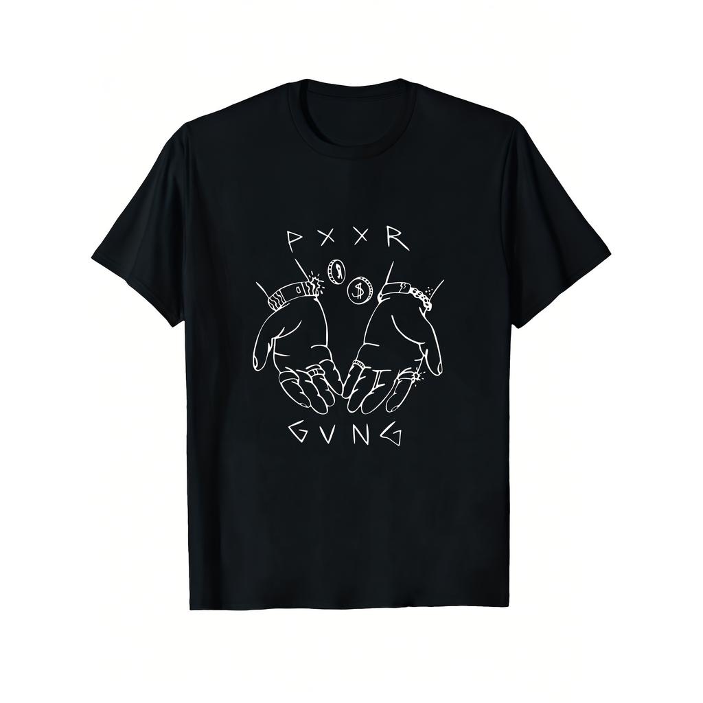 Black T Shirt with Pxxr Gvng Hands And Symbols Print for Casual Wear