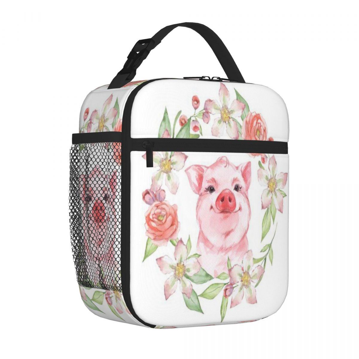 Bestselling Pig And Flowers Foldable Design Canvas Lunch Bag High School Kids Lunch Bag One Size