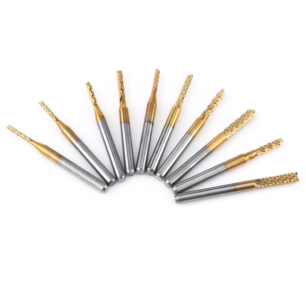10pcs Titanium Coat Tungsten Carbide 1.5mm 3.175mm End Mill Engraving Bits CNC Rotary Burrs Set