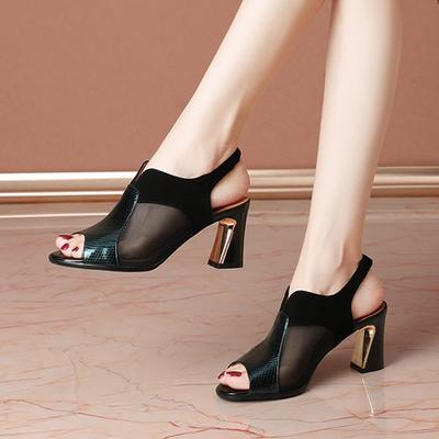 Breathable Sandals Women's Thick Heels Hollowed Out Mesh High Heels Women's Shoes Soft Leather Women's Fishmouth Shoes