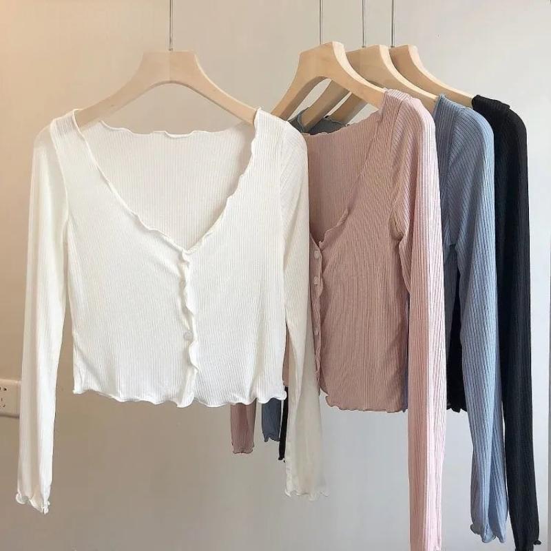 Dünnes gestricktes Hemd Damen Slim Crop Top Einreiher V-Ausschnitt Strickjacken Damen Casual Rock Schal Solide Eleganter Sonnenschutzmantel
