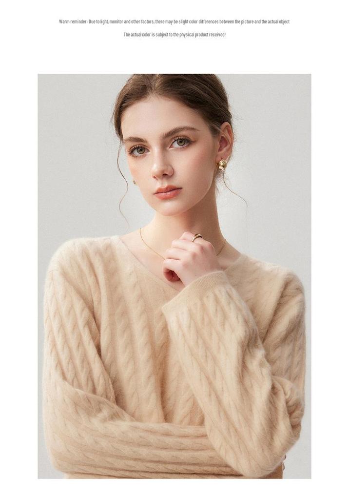 Women's Cashmere V-Neck Sweater - Aran Jacquard Knit, Loose Fit, Autumn Style