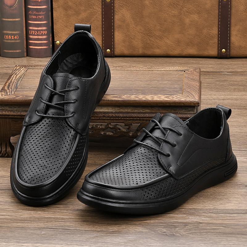 Men's Shoes Summer Breathable Casual Leather Sandals Men's Top Layer Cowhide Hollow Hole Shoes Men's Business Leather Shoes Soft Sole