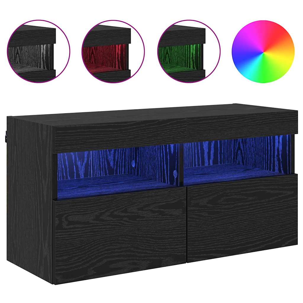 Wall Mounted TV Cabinet with LED Lighting Black Oak Effect 80 x 30 x 40 cm