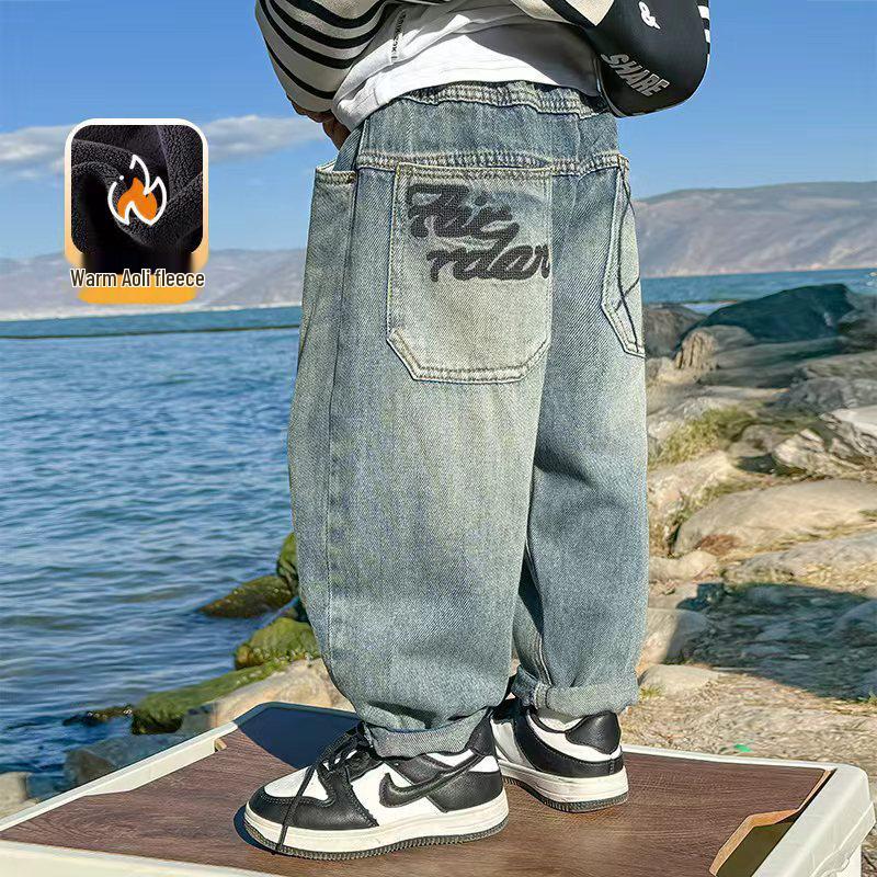 

Джинсы для мальчиков свободного кроя в корейском стиле - Весенне-осенние брюки прямого кроя для детей 150 cm