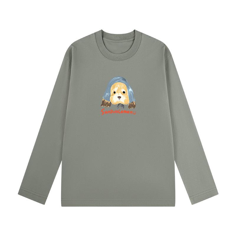 Women s 2025 American Retro Puppy Print Long Sleeve Cotton Top - Autumn Loose Fit L (57-65 kg)