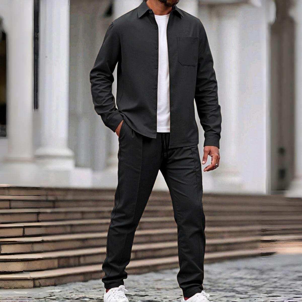 

Чоловічий двочастинний костюм європейського та американського стилю: Куртка з відкладним коміром та довгі робочі штани, високоякісний поліестер, зручний дизайн з довгими рукавами Medium чорний