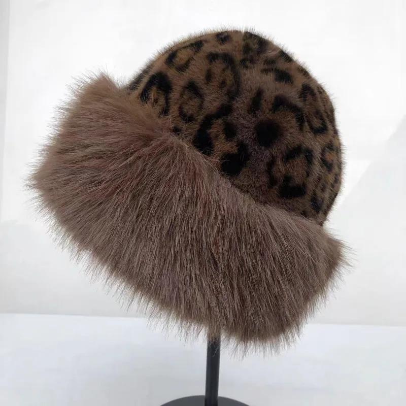 Ins Leopard Print Bucket Hat Women Fashion Furry Fisherman Cap Faux Fur Warm Winter Luxury Ear Protection Plush Panama for Girls