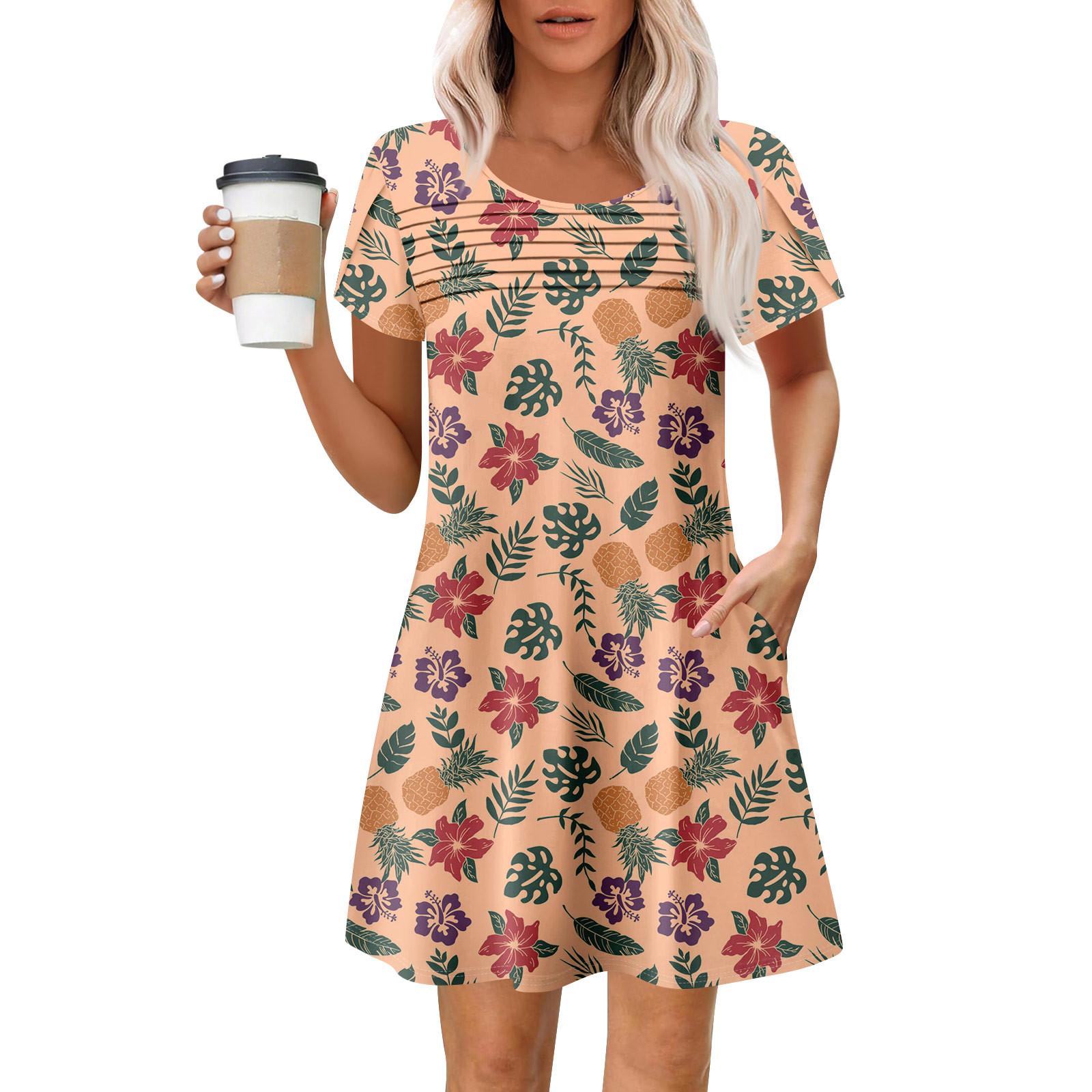 

Женские летние повседневные платья с круглым вырезом, плиссированные, с карманами, с принтом, с коротким рукавом XXL розовый