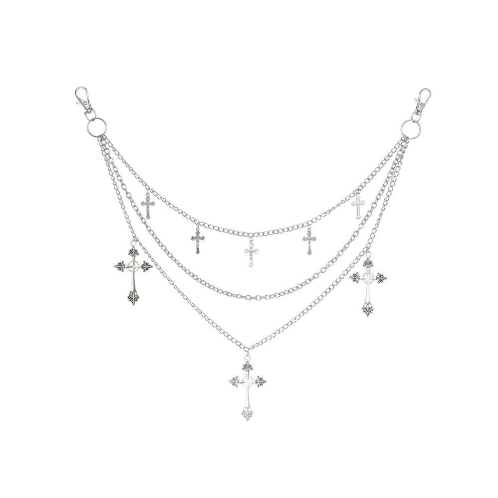 Punk Multi-Layer Cross Pendant Chain - Hot-Selling Metal Pants Accessory for Girls
