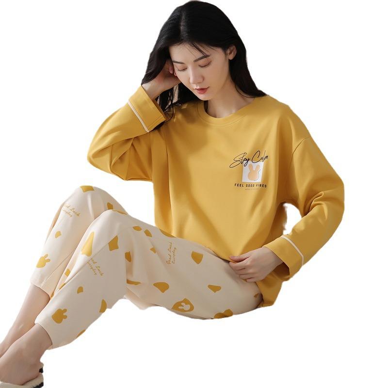 Women's Pure Cotton Long Sleeve Pajamas with Built-in Bra Pads - Cozy for Autumn/Winter, Casual Home Wear, and Suitable for Outdoors.