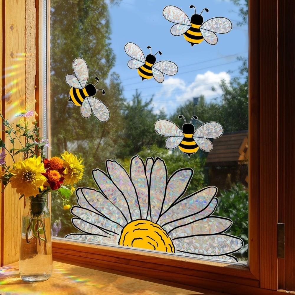 Removable Bee Glass Sticker Waterproof Sunflower Wall Decals Art Bee Window Stickers  Living Room