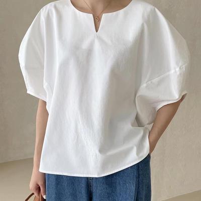 2025 Summer Women's Korean Chic V-Neck Loose Solid Color Shirt