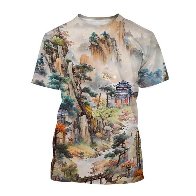 3D Printed Landscape T-shirt Chinese Art Painting T Shirt For Men Fashion Round Neck Short-sleeved Oversized Summer Tees Tops