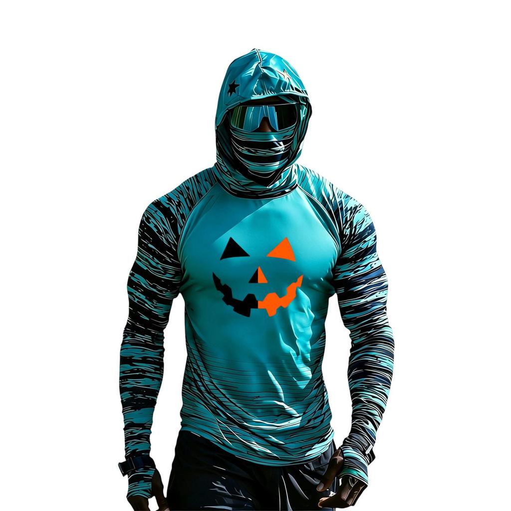 Men's Long Sleeve Hooded Sun Top with Color Block Raglan Sleeves Halloween Print