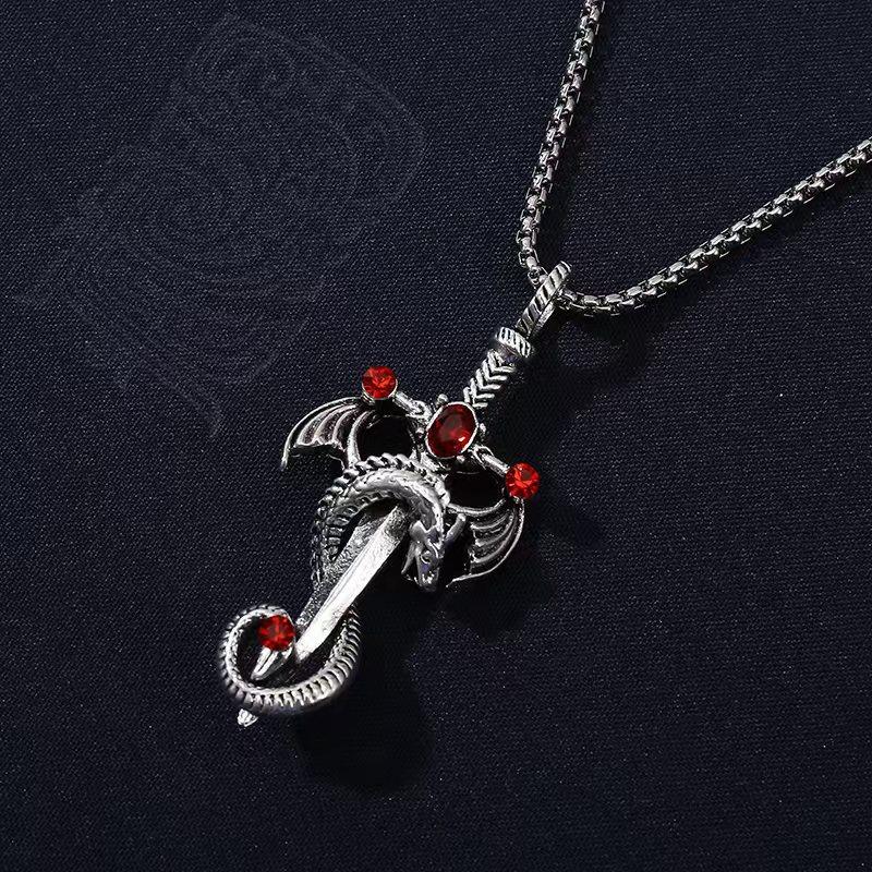 Fantasy Dragon Shaped Sword Necklace Multi-color Series Three-dimensional Dragon Winding Sword Inlaid with Gemstones Decoration