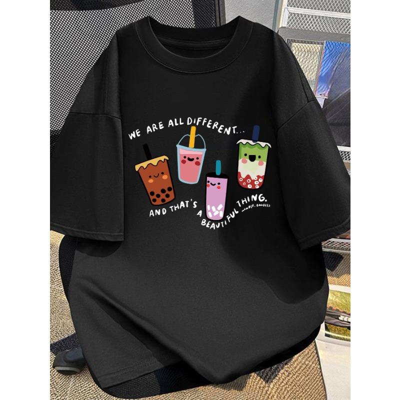 

European sizes 2025 New Women s Plus-Size Oversized T-Shirt - Cute Bubble Tea Cartoon Print with We Are All Different Slogan 4XL чорний