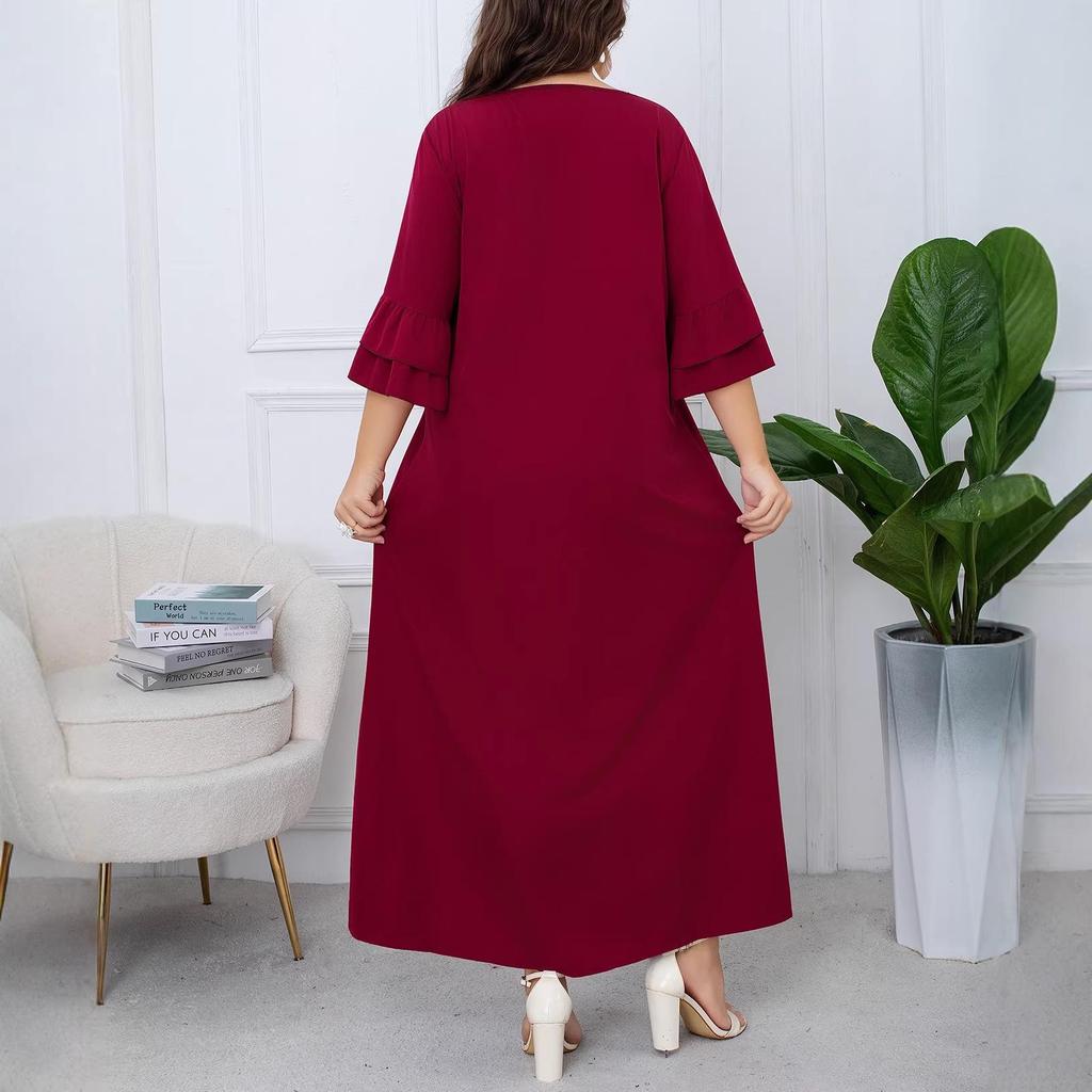 Elegant Plus Size Patchwork Flare Sleeve Dress for Spring & Autumn