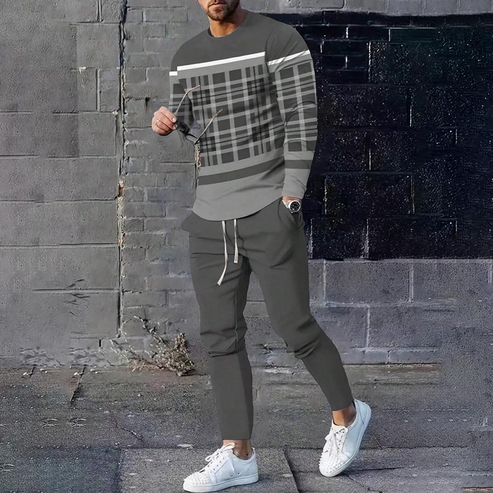 

Футболка с длинным рукавом в полоску и принтом в клетку, комплект из двух предметов для мужчин, одежда 2024 года, футболка с круглым вырезом, брюки на талии со шнурком, спортивный костюм XL