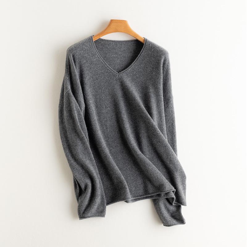Women's V-Neck Cashmere Pullover Sweater - Loose Fit, Long Sleeve, Versatile for Autumn & Winter.